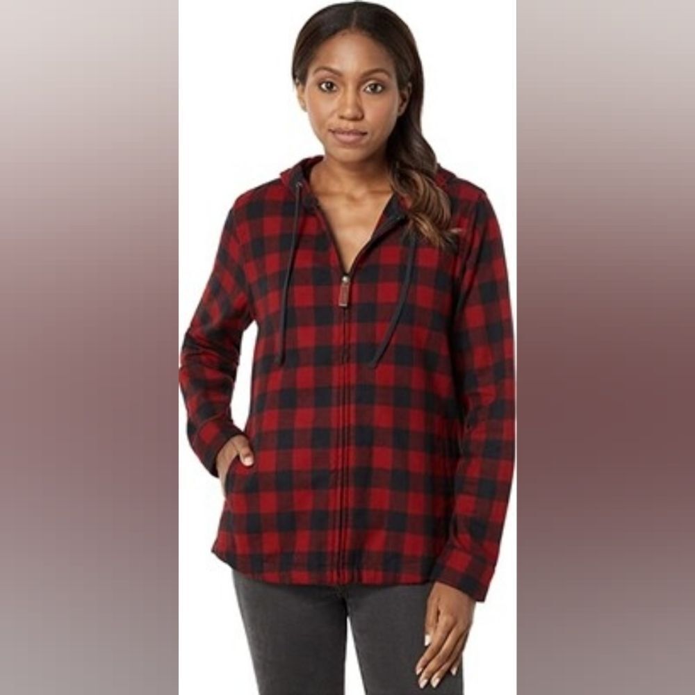 L. L. Bean Red & Black Buffalo Plaid Full Zip Hooded Flannel Jacket Size XL
